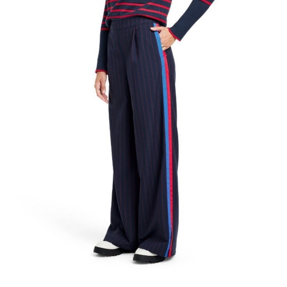 La Ligne Navy Pinstripe Wide-Leg Trousers with Red and Blue Side Stripes